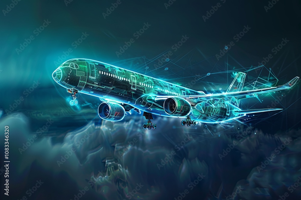 Poster digital airplane soaring through clouds with a futuristic design and high-tech elements showcasing a
