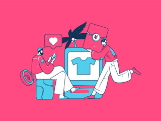 Obraz premium Holiday shopping people doing e-commerce online shopping flat vector concept operation hand drawn illustration 