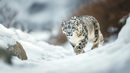 Obraz premium The elusive beauty of a snow leopard prowling through the snow-covered Himalayan slopes, Wildlife scene, Naturalistic style