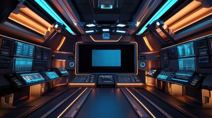 Futuristic control room with advanced technology and glowing interfaces.