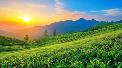 Green tea mountain at sunsettea plantation natural background