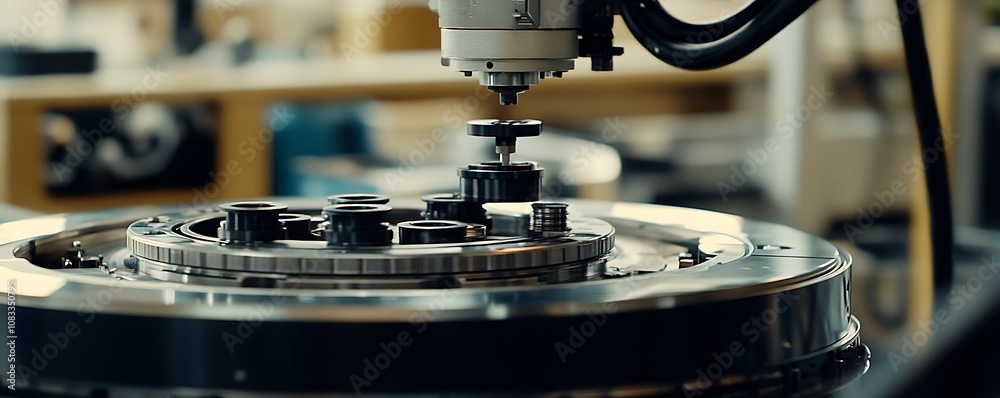 Poster a close-up of a precision machine tool working on mechanical components.