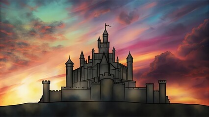 Naklejka premium A Silhouetted Castle Against a Colorful Sunset Sky