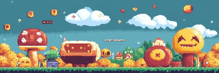 Obraz premium A vibrant pixel art landscape featuring whimsical mushrooms and playful clouds.