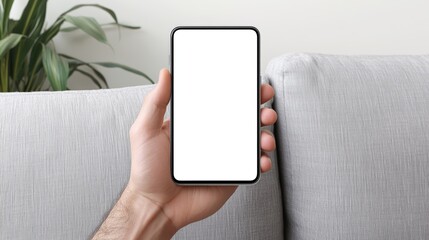 Mockup image blank screen cell phonemen hand holding texting using mobile on sofa at home officewhite empty space for advertise text contact businesspeople communicationtechnology device concept
