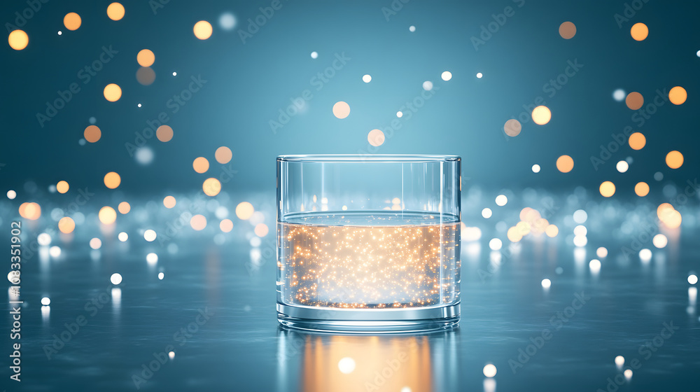 Poster a glass of sparkling water on a reflective surface, surrounded by soft, blurred bokeh lights, creati