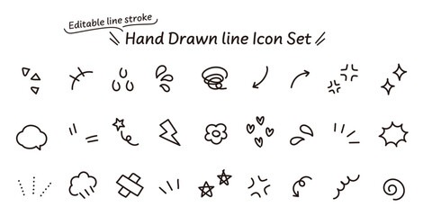 線の編集が可能なベクターデータ。漫画にも使える、手描きの感情のあしらいのモノクロのアイコンセット