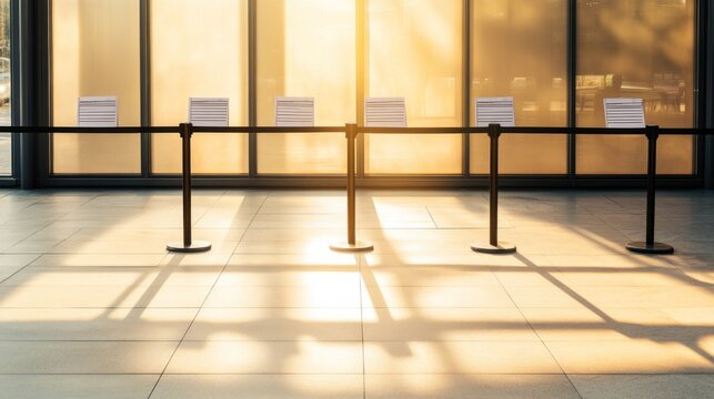 A sunlit waiting area with informational displays on stands.