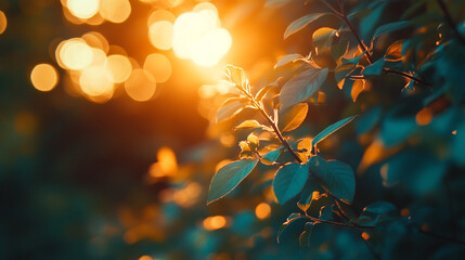 Obraz premium Natual sunlight filters through green leaves during golden hour in a serene outdoor setting