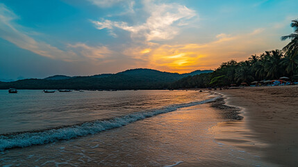 Obraz premium Beautiful sunset over the beach with gentle waves and boats near the shore in a tropical location