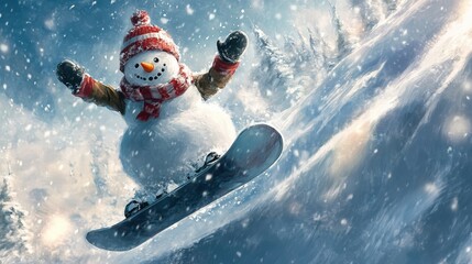 Naklejka premium Snowboard Snowman: A Joyful Descent in a Blizzard