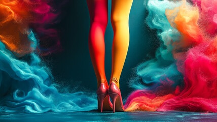 A pair of red high heels are standing in front of a colorful explosion of smoke. Concept of excitement and energy, as if the woman is ready to dance or perform. The vibrant colors of the smoke