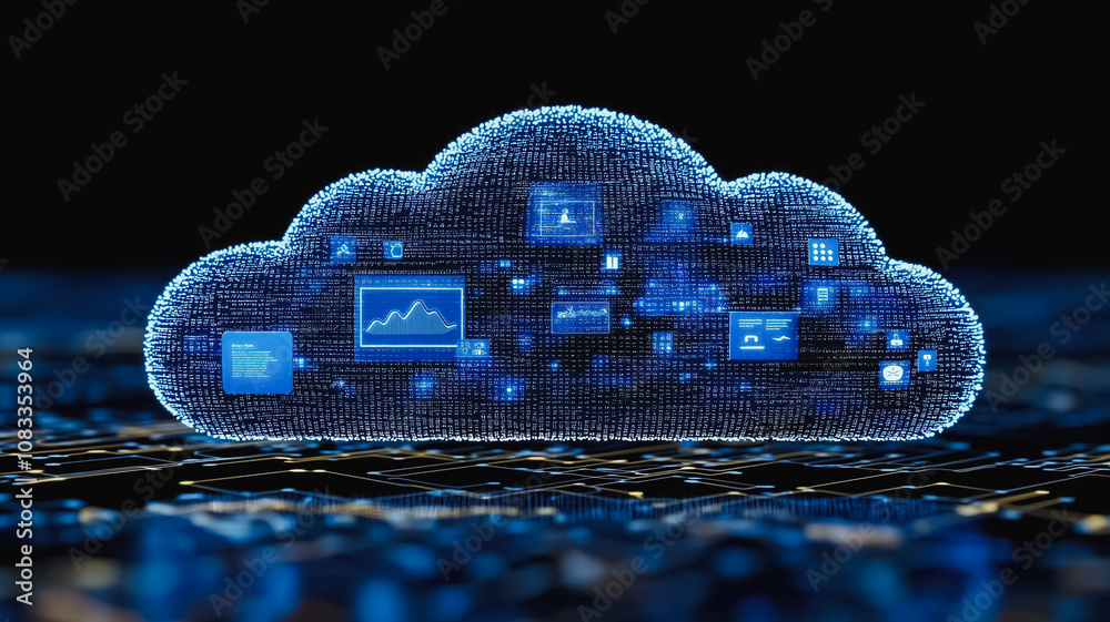 Poster a blue cloud with many icons on it. the cloud is a representation of a computer network. the icons o