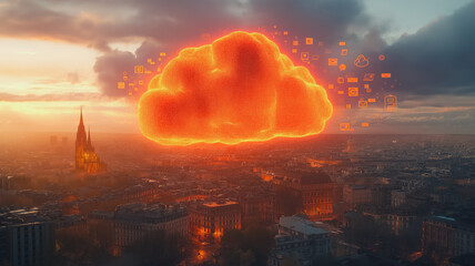 A large orange cloud with many icons on it is hovering over a city. The city is lit up at night, creating a moody atmosphere. The cloud represents a data center or a cloud computing system