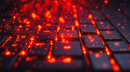 Obraz premium A close up of a keyboard with red keys. Concept of excitement and energy, as the red keys are lit up and appear to be glowing. Scene is dynamic and engaging