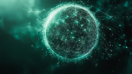 A green sphere with a lot of lines and dots on it. The sphere is surrounded by a dark background