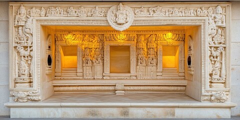 Obraz premium Intricate stone architecture featuring detailed carvings and illuminated niches.