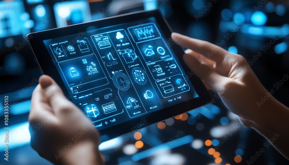 Poster a person holding a digital tablet with a futuristic home automation system on screen, showing smart 