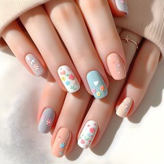 Cute flowers minimalist manicure on a white background