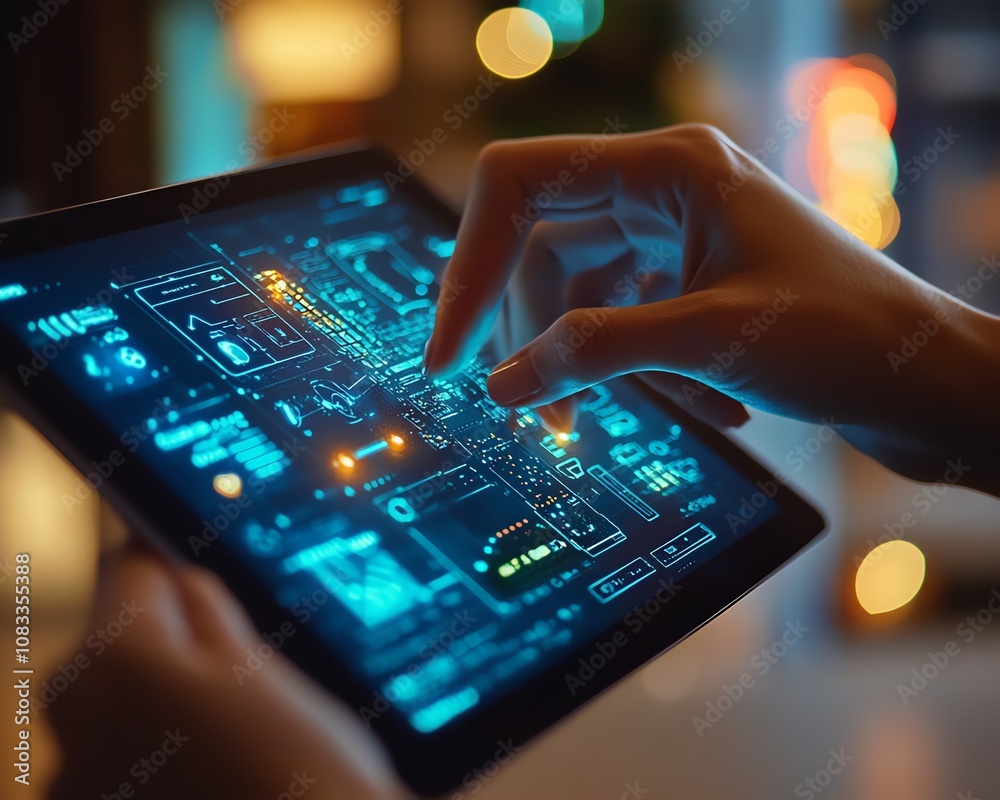 Poster Closeup of hands interacting with a digital tablet, showing an artificial interface for remote home control and smart energy management