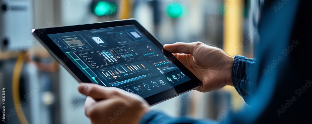 Poster Closeup of hands grasping a digital tablet displaying a smart energy controller interface for remote home automation and energy management
