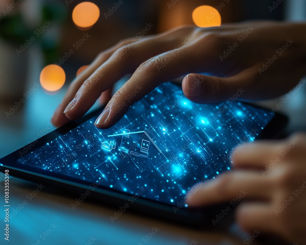 Leinwandbilder closeup of hands interacting with a digital tablet, showing an artificial interface for remote home 
