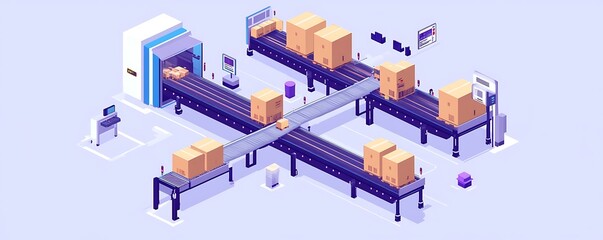 Fototapeta premium A digital illustration of a conveyor belt system for package sorting in a warehouse.