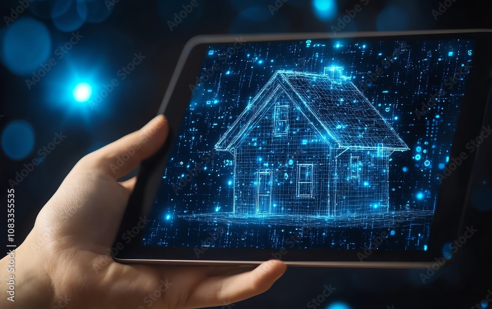 Fototapete Closeup view of a tablet in hand, featuring an online home automation system with artificial energy controls for remote home management