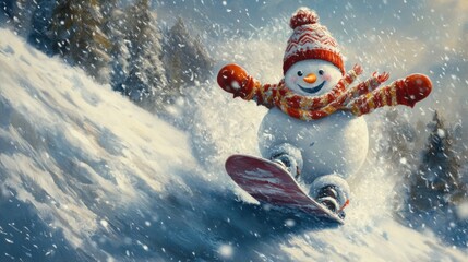 Naklejka premium Snowboard Snowman: A Joyful Descent in a Blizzard