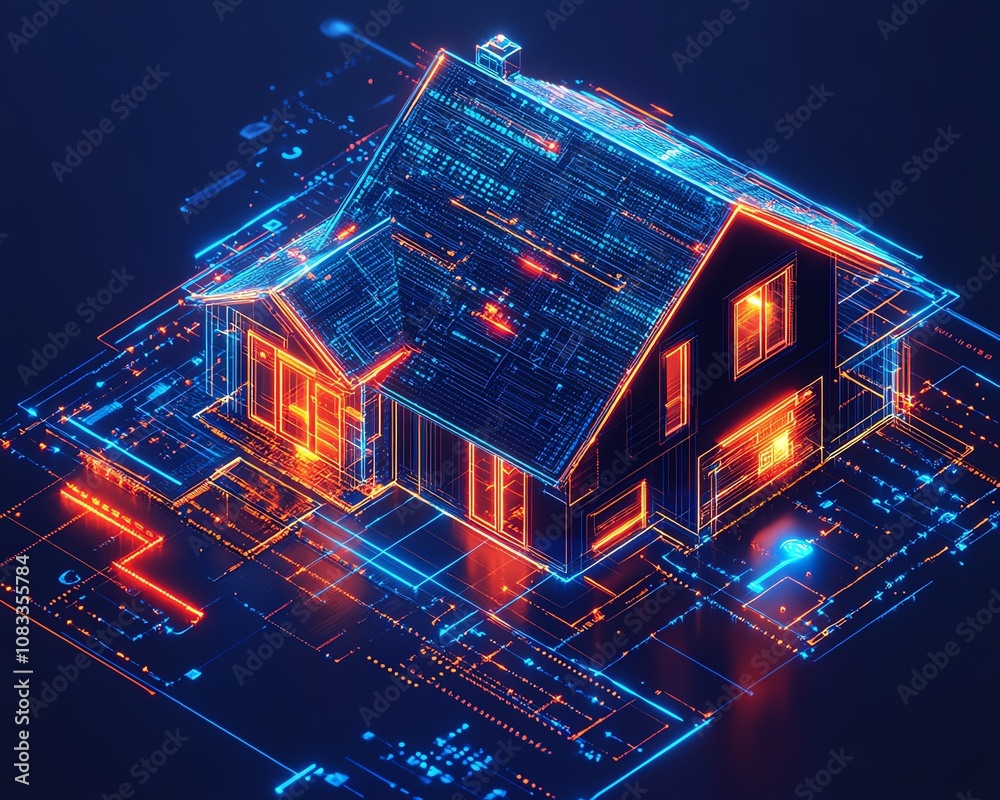 Poster futuristic smart home integrated with iot, connected devices controlling energy, security, and envir