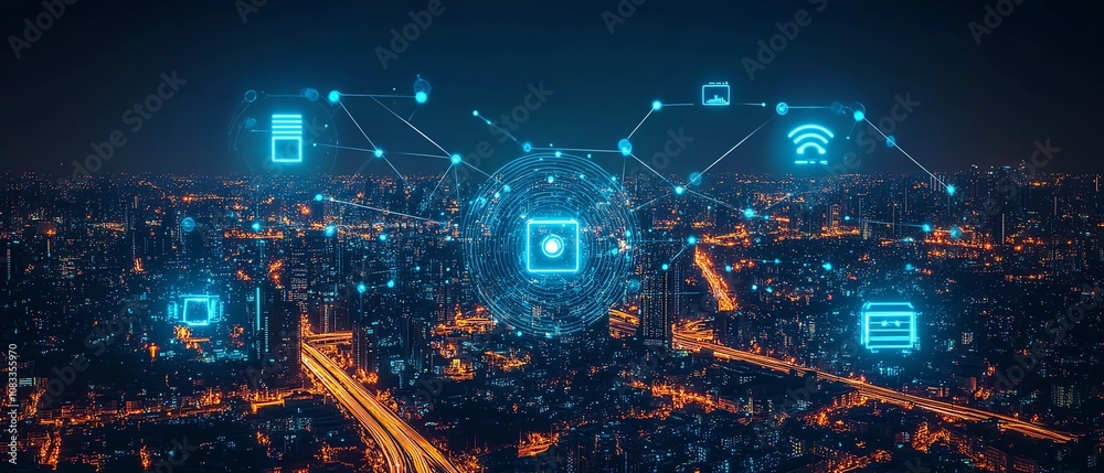 Poster IoT network for smart businesses and residences, futuristic smart devices controlling every aspect of daily life, glowing digital lines, innovative technology connecting the world