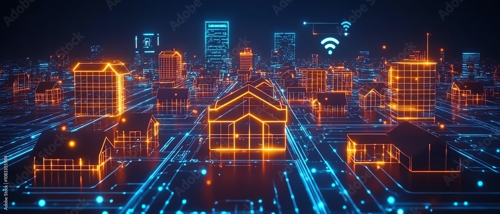 Fototapete IoT network for smart businesses and residences, futuristic smart devices controlling every aspect of daily life, glowing digital lines, innovative technology connecting the world