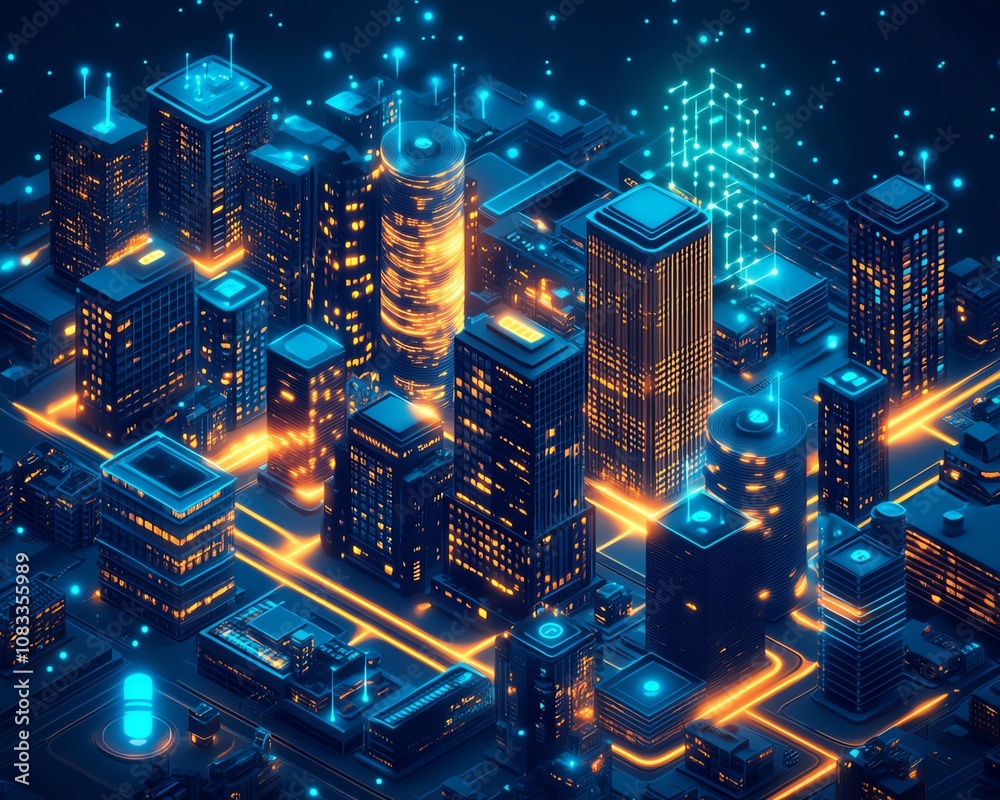 Poster IoTdriven future city, connected smart devices in homes, offices, and factories, glowing data streams and devices controlling the environment, hightech, innovative networks