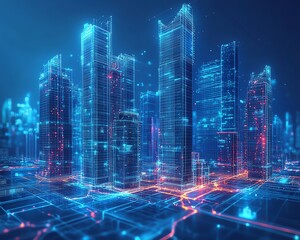 Obraz premium Hightech 3D blueprint of skyscrapers with structural plans, illustrating the design and construction process of a futuristic city