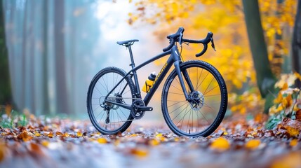 Fototapeta premium A Black Cyclocross Bicycle Stands on a Leaf-Covered Pathway in an Autumn Forest Surrounded by Yellow and Orange Leaves under Soft Morning Light