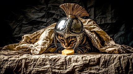 Obraz premium A mischievous Bengal cat, donning a gleaming Spartan helmet, steals a piece of cheese from a medieval banquet table. 