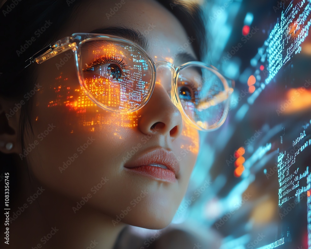 Aufkleber A woman programmer with glasses, engaged in coding and data analytics, interacting with a holographic system displaying computer scripts