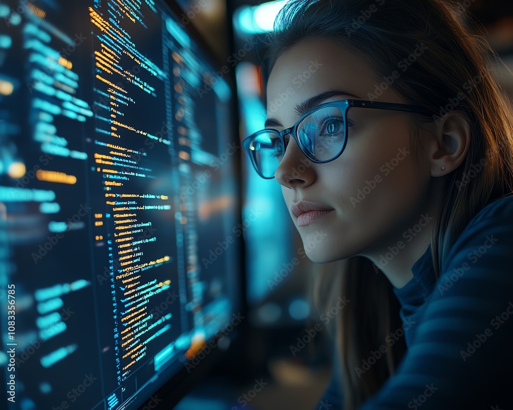 Poster A woman programmer with glasses, engaged in coding and data analytics, interacting with a holographic system displaying computer scripts