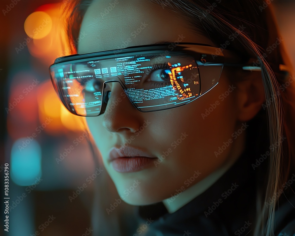 Aufkleber A woman programmer with glasses, engaged in coding and data analytics, interacting with a holographic system displaying computer scripts