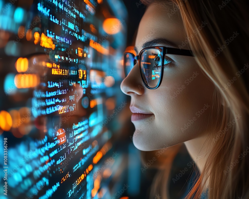 Aufkleber A woman programmer with glasses, engaged in coding and data analytics, interacting with a holographic system displaying computer scripts