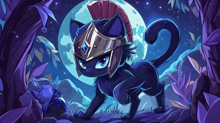 Obraz premium A sleek black cat, wearing a polished Spartan helmet, stalks its prey through a moonlit forest. 