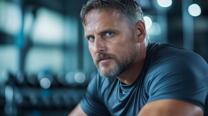Obraz premium Intense Focus of a Mature Male Athlete in a Gym Environment with Equipment in the Background Capturing Strength and Determination during a Workout Session
