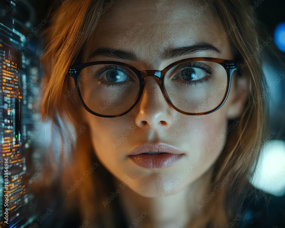 Aufkleber A woman with glasses working in information technology, analyzing a holographic coding system and reading computer scripts in a futuristic data analytics environment