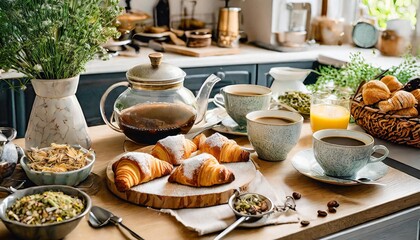 Fototapeta premium Bright Home Kitchen With Freshly Brewed Coffee, a Selection of Herbal Teas, and Baked Gluten-Free Pastries for a Relaxing Morning Breakfast Experience