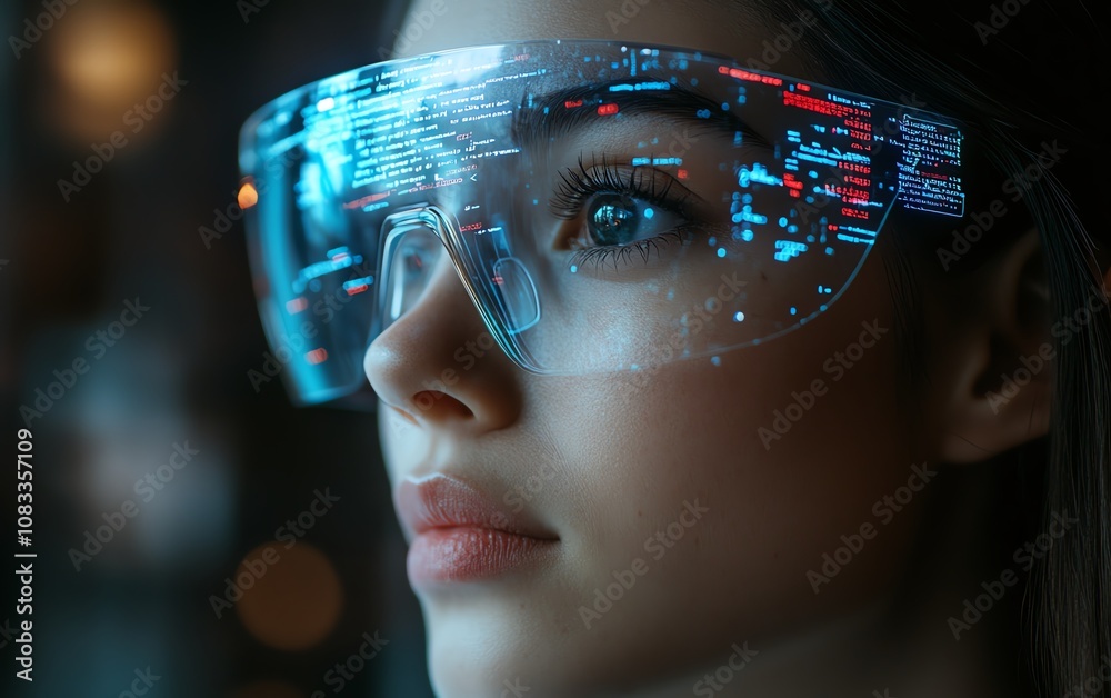Aufkleber Female IT professional wearing glasses, interacting with a 3D holographic coding interface, reading computer scripts and programming in a modern workspace