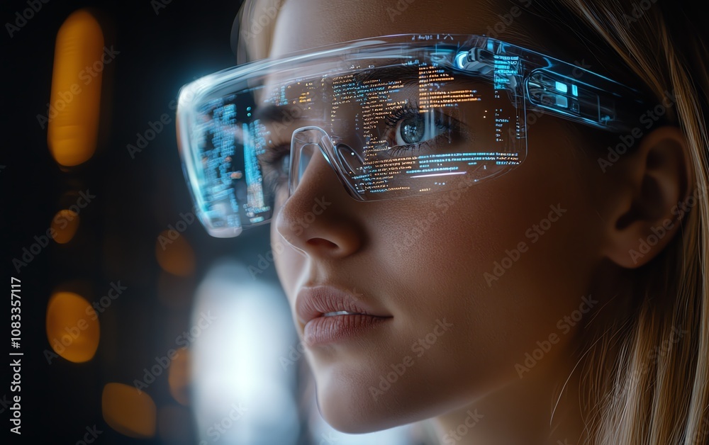 Poster Female IT professional wearing glasses, interacting with a 3D holographic coding interface, reading computer scripts and programming in a modern workspace