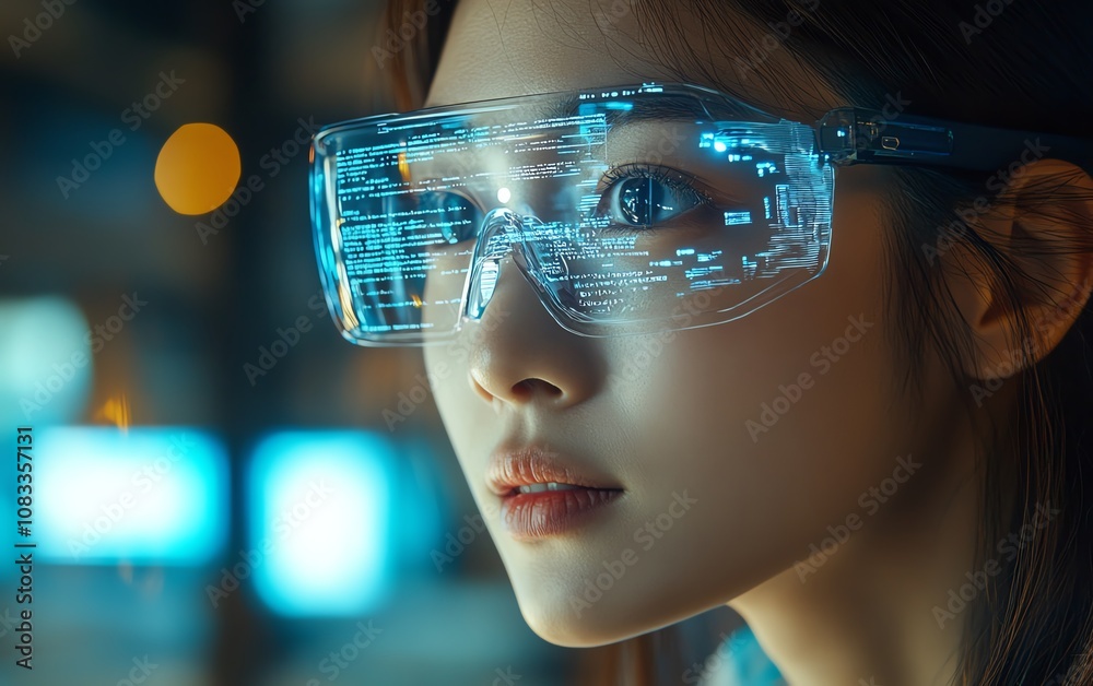 Aufkleber Female IT professional wearing glasses, interacting with a 3D holographic coding interface, reading computer scripts and programming in a modern workspace