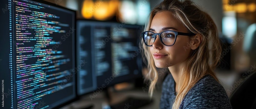 Aufkleber Female IT worker in a modern workspace, wearing glasses and reading through computer scripts on a holographic coding system for data analysis