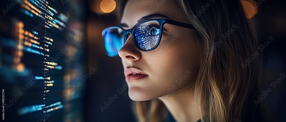 Aufkleber Female IT worker in a modern workspace, wearing glasses and reading through computer scripts on a holographic coding system for data analysis
