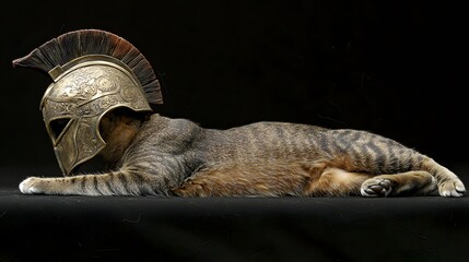 Cat wearing a Spartan helmet, resting with its head tilted to the side. 
